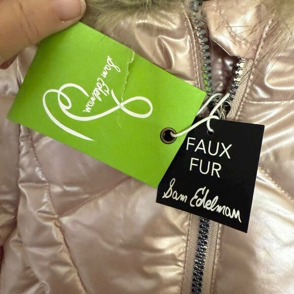 SAM EDELMAN METALLIC SUNBEAM QUILT PUFFER JACKET 3T Faux Fur Pink Girls NWT - Picture 2 of 10